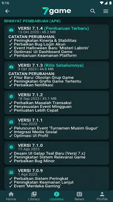 Tampilan riwayat versi 7game